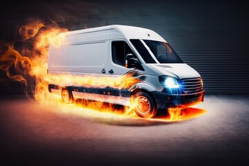 Plakat Van Fast Delivery with Wheels on Fire Flames of Speed Service, Generative AI.