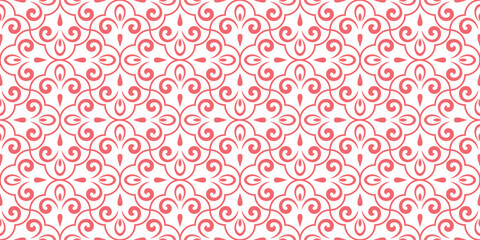 Flower geometric pattern. Seamless vector background. White and pink ornament. Ornament for fabric, wallpaper, packaging. Decorative print