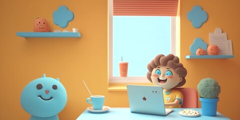 cartoon image of the Boy at the computer, in pastel colors, generative AI