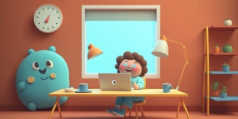 cartoon image of the Boy at the computer, in pastel colors, generative AI
