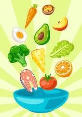 Illustration of bowl with food. Healthy eating and diet meal. Fruits, vegetables and proteins for proper nutrition.