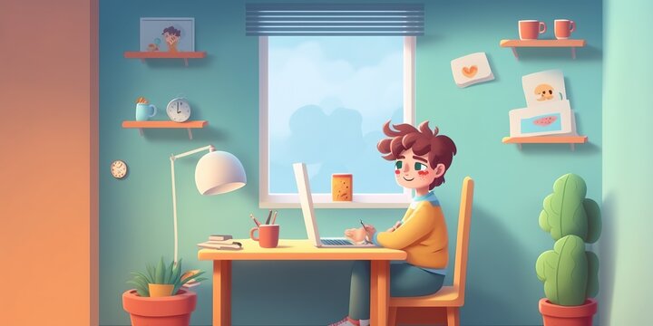 cartoon image of the Boy at the computer, in pastel colors, generative AI