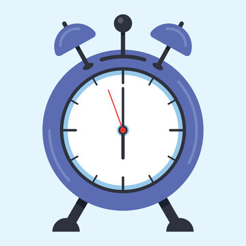Blue old alarm clock illustration in flat style.