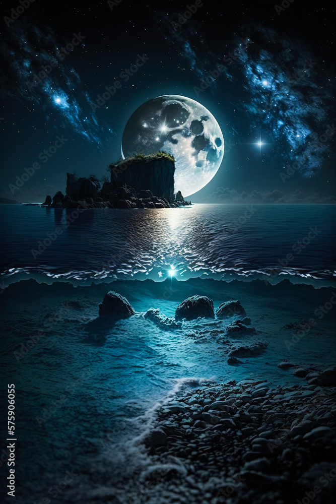 Wall mural night view of a large full moon against the background of the milky way and beach with ocean waves. 