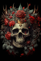 A human skull with a crown surrounded by red flowers on a black background. Generative ai