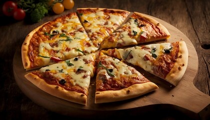 Appetizing Pizza Slices on Rustic Wooden Table, Generative Ai