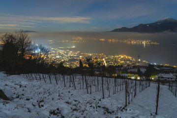 Iseo lake and vineyards of Franciacorta in the night, Brescia province in Lombardy district, Italy, Europe.