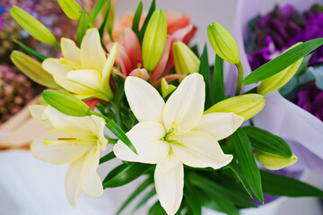 view from above. bouquet of white lilies. the beauty of flowers. 