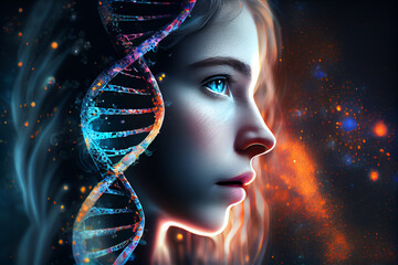 Beauty DNA - profile of a beautiful young girl. AI generated. - obrazy, fototapety, plakaty