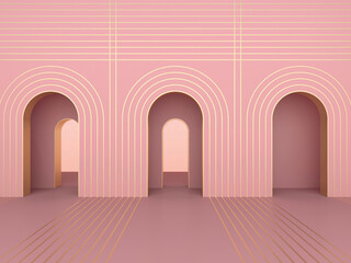 Three arched doors mock up; abstract minimal geometric coral arched openings with golden stripes; simple clean arched art deco design; minimalist wall niche mockup, 3d rendering, 3d illustration