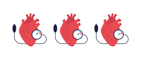 Blood pressure infographic. Vector flat illustration set. Heart anatomy shape with low, normal, high pressure on monitor isolated on white background. Design for healthcare, cardiology.
