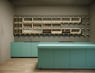 3d rendering of new eco style kitchen blue furniture design