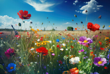 Colorful natural flower meadows landscape with blue sky in summer and spring. Generative ai