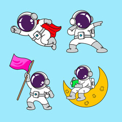 Astronaut cartoon set, animation , flat design, super hero, Vector.
