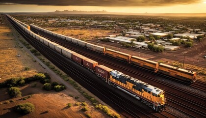 Fototapeta na wymiar merican Freight Train Pulling Load of Cars - Aerial View. Generative ai illustration