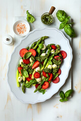 Green asparagus, strawberry, mozzarella cheese and pesto sauce salad