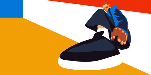 A modern trendy guy in big sneakers. Stylish young guy with large shoes on an abstract background. A bright, modern banner with fashionable models in stylish things. Broken perspective