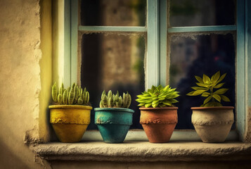 A small plant pots displayed by the window. generative ai.
