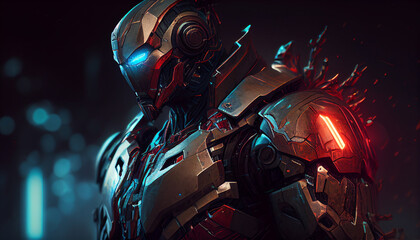 Detailed 3D Render of a Cybernetic Robot Suit with High-Tech Armor and Advanced Weaponry. Generative Ai