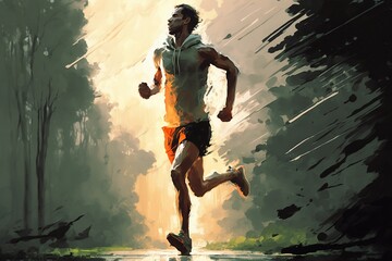A Fit Athletic Man Running Along a Road in a Park, Created by Generative AI 