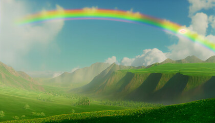 The Serene Valley: A Super-Realistic Octane Render of a Gorgeous Rainbow over a Green Valley. Generative Ai