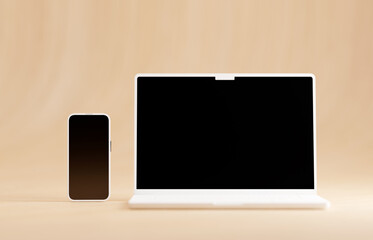 Matte white mockup laptop and smartphone. Matte light brown wooden floor.