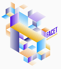 Fototapeta premium Line design 3D cubes and triangles abstract background, polygonal low poly isometric retro style template. Stripy graphic element isolated. Template for poster or banner, cover or ad.