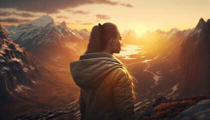 The Panorama of the Peaks: A Super-Realistic View of a Young Woman Observing the Spectacular Sunset from the Mountain Summit. Generative Ai