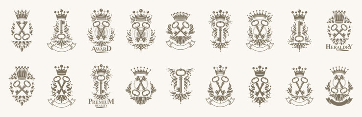 Fototapeta na wymiar Keys logos big vector set, vintage heraldic turnkeys emblems collection, classic style heraldry design elements, ancient designs. secret.
