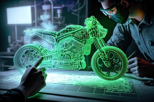 An engineer designing a motorcycle using augmented reality and viewing the motorbike as a projection or hologram in high-tech laboratory. Concept: The future of designing . Generative ai.