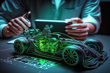 Cercles muraux F1 An engineer designing a f1 car using augmented reality and viewing the car as a projection or hologram in high-tech laboratory. Concept: The future of designing and engineering. Generative ai.