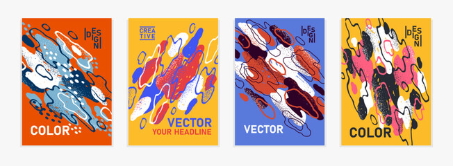 Artistic brochures vector abstract designs set with hand drawn elements, stylish colorful art abstraction covers for magazines or flyers, leaflets or advertising posters templates collection.