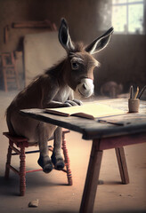 Cute donkey schoolboy doing homework. AI generated