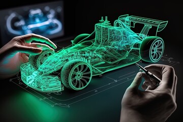 An engineer designing a f1 car using augmented reality and viewing the car as a projection or hologram in high-tech laboratory. Concept: The future of designing and engineering. Generative ai.