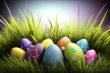 Easter Eggs on Grass, Card Template, Copy Space, Created by Generative AI Technology