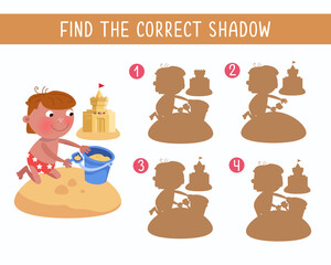 Find correct shadow. Puzzle for kids. Cute little boy with bucket and trowel on beach building sand castle. Vector isolated illustration on white background. Sea and summer. 