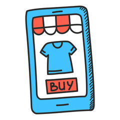 Mobile shopping doodle icon vector isolated. Purchase in one click. Retail business in internet.