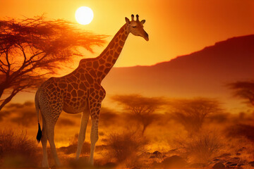 Fototapeta na wymiar Silhouette of a giraffe in the savanna against the backdrop of the setting sun. AI generated