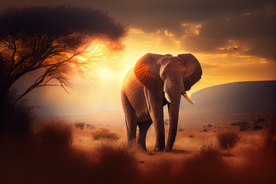 Silhouette of a majestically elephant in the savanna against the backdrop of the setting sun. AI generated