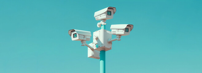 CCTV street cameras on pole. Security system concept. Copy space for design for banner, ads, covers, and invitation. Generative AI.