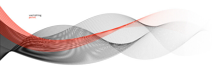 Abstract background vector illustration, red and black dots in motion by curve lines, particles flow wave isolated, monochrome black and white illustration.