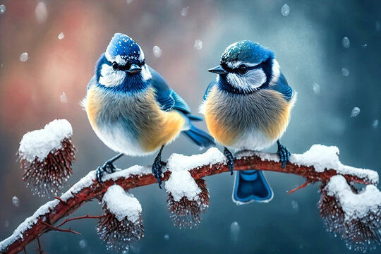 Two Little blue titmouse birds on branch covered with snow. Generative AI	