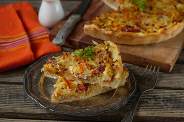 Savoury cabbage tart pie with bacon and carrots