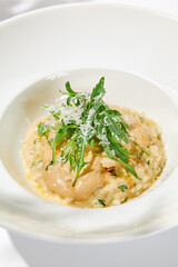 Italian cheese risotto on white plate. Creamy risotto topped parmesan cheese and espuma. Italian risotto with cheese on light background with shadows of leaves Simple italian menu