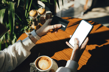 Person's hands holding a smartphone and a credit card