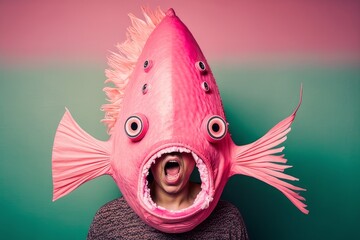 Funny image of a partying woman, with pink fish mask on her head. Halloween party. AI image