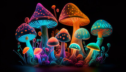 Multicolored glowing mushrooms in the dark. Generative AI