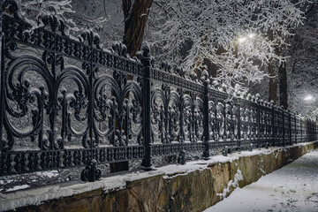 Grid of the city park at night after a snowfall.