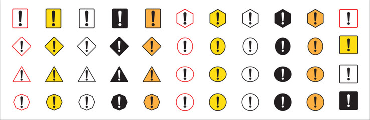 Caution signs. Danger and warning symbol signs. Exclamation mark icon. Collection of exclamation mark various shape signs. vector illustration. Outline yellow black