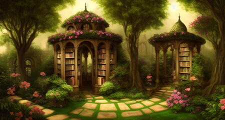 Fototapeta premium AI Digital Illustration Library In A Fantasy Mystical Garden